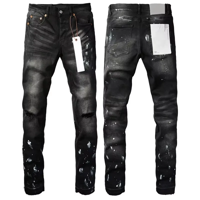 High Street Classic Black Inkjet Purples Jeans Men's Streetwear Stretch Slim Denim Long-pants Hip Hop Casual Trousers