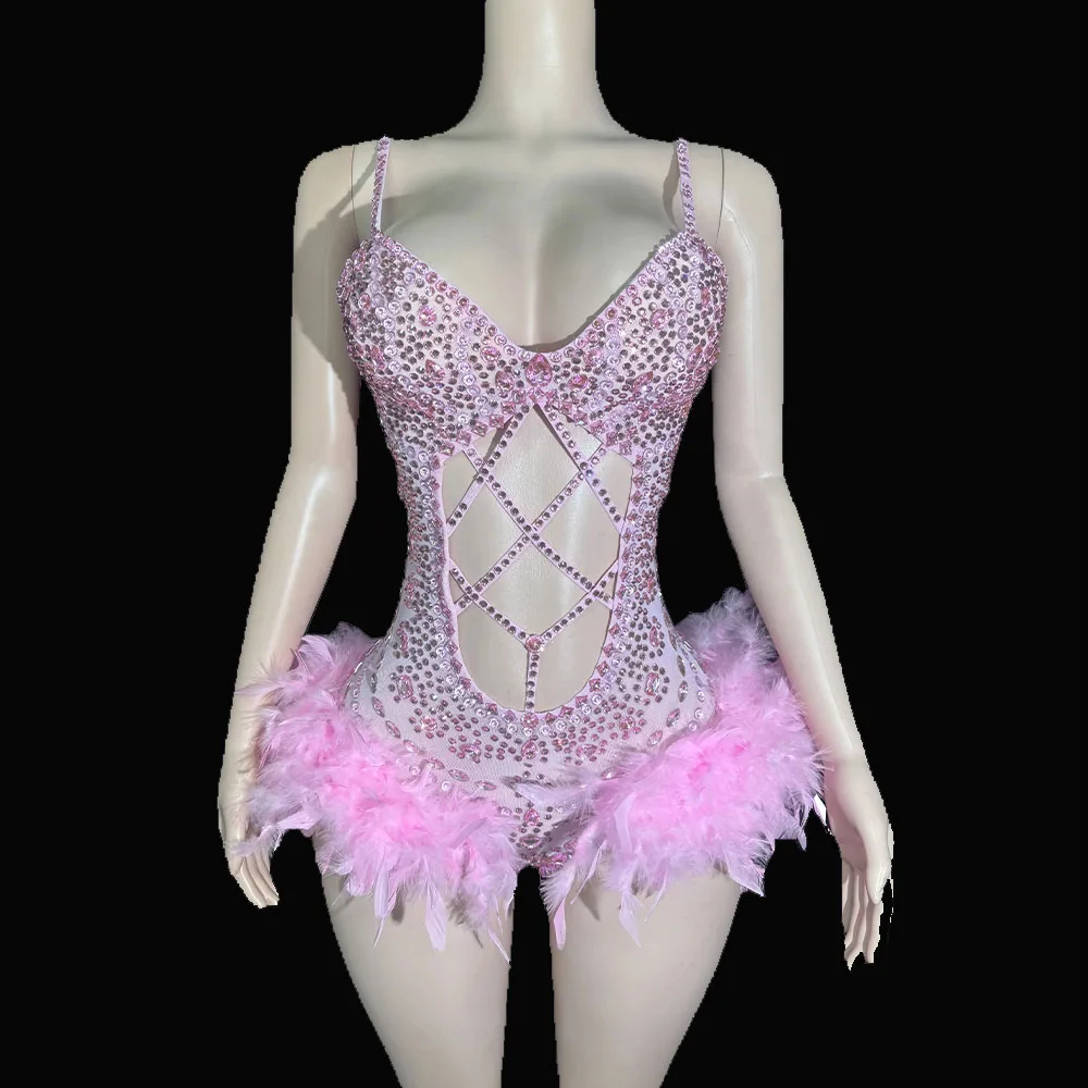 Sexy Sparkly Pink Red Silver Rhinestones Feathers Bodysuit Women Hollow Slip Performance Dance Costume Singer Dancer Stage Wear