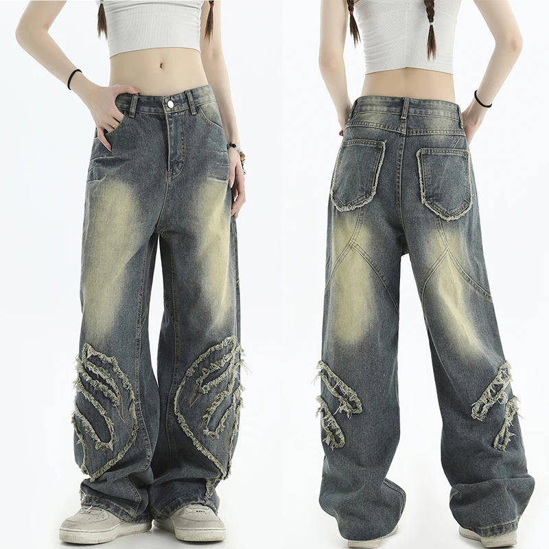 

Woman High Waist Spliced Jeans Female Streetwear Y2k Clothes Wide Leg Pants Girls Aesthetic Retro Blue Denim Stacked Trousers