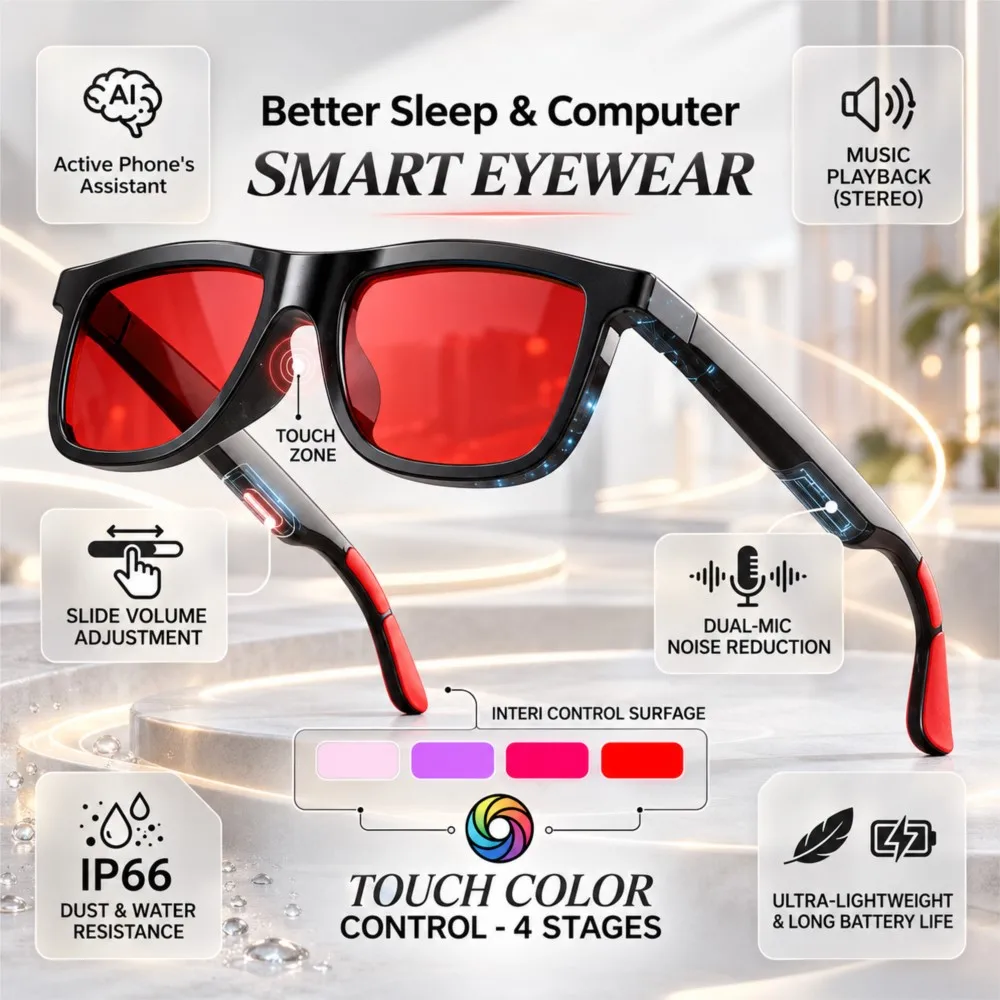Smart Glasses Touch Control Color Changing Dual Microphone Noise Reduction AI Chat Computer Glasses Reduce Eye Strain Red Lens