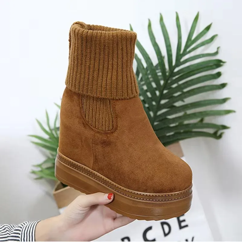 

Women's Mid-Calf Boots Winter Knitting Wool Hidden Heel Woman Warm Winter Boots Fashion Platform Thick Sole Shoes Women Boot