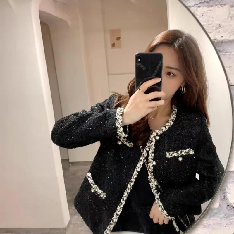 French Tweed Women\'s Jacket  Autumn Korean Woolen Short Outerwear Elegant Black Plaid Coat Pockets Office Short Woman Clothing