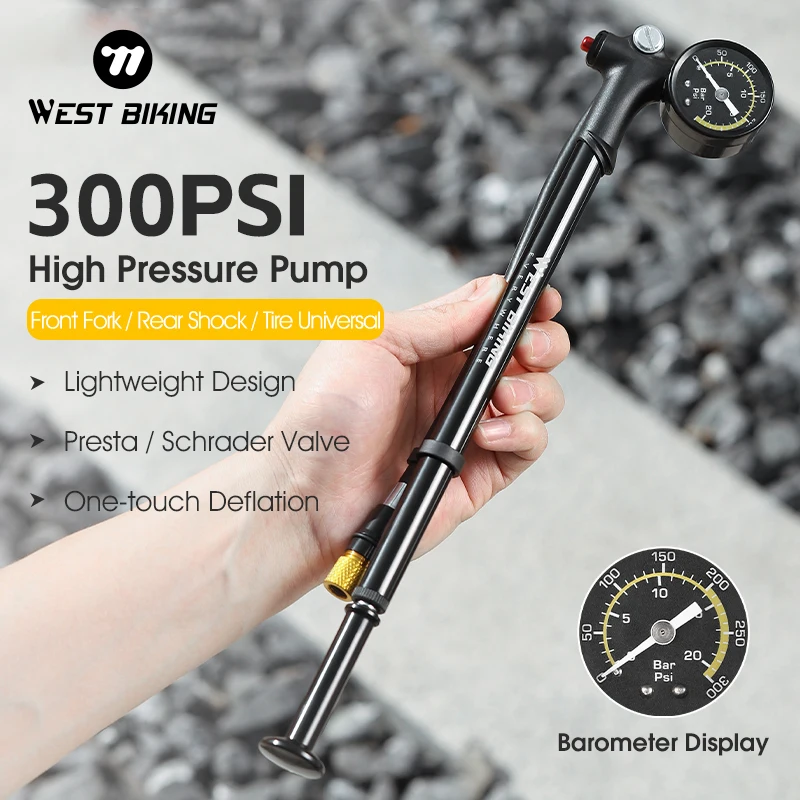 WEST BIKING 300 PSI High Pressure MTB Fork Pump With Gauge Portable Bicycle Pump Extension Hose Manual Air Pump Cycling Accesory