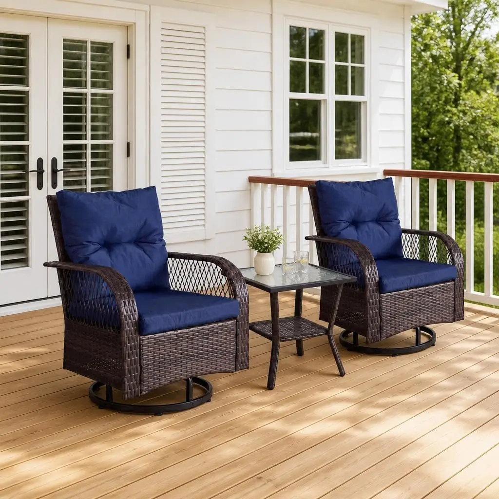 Outdoor Swivel Chairs Set of 2 with Table, 3 Piece Patio Furniture Set, Customized