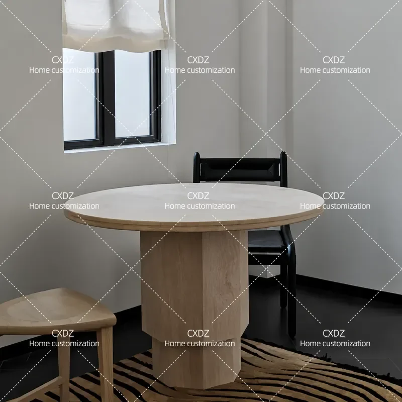 Ultra White Travertine Round Dining Table Minimalist Light Luxury Natural Stone Dinner Table for Living Room Bedroom Home