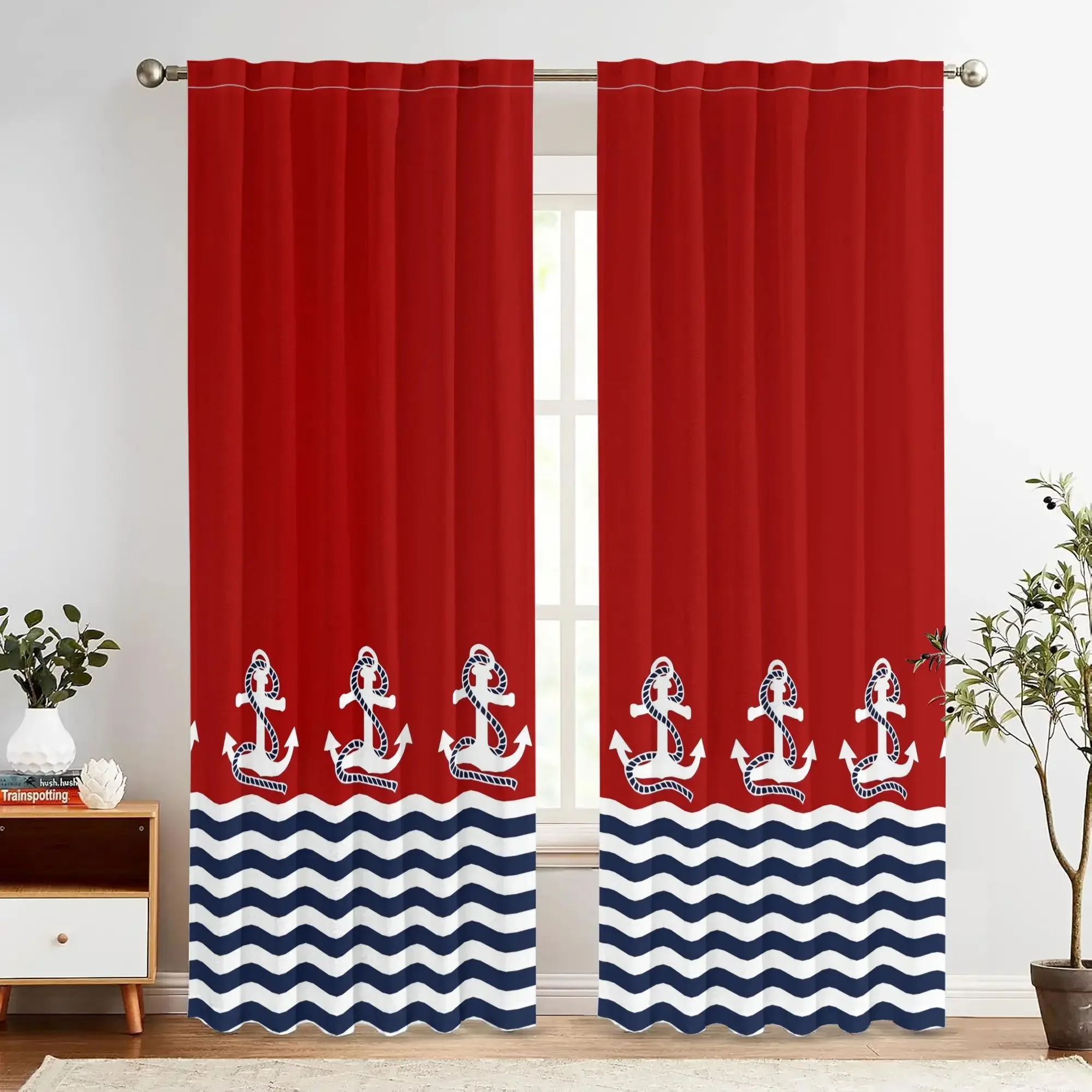 Marine red and white striped pattern Print Drapes Room Darkening Window Curtains Home Decor,Rod Pocket Blackout Curtains Bedroom