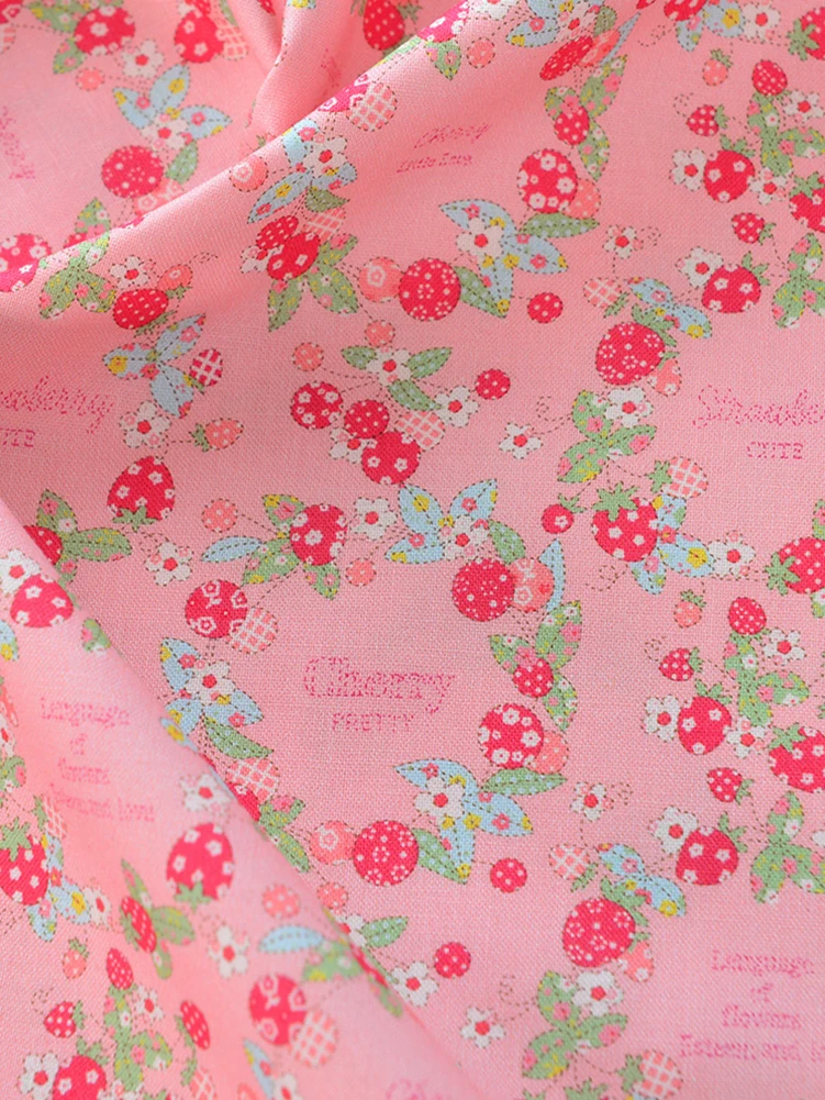 Pink Strawberry Cotton Fabric Cute Garland Plaid for Sewing Clothes DIY Handmade by Half Meter