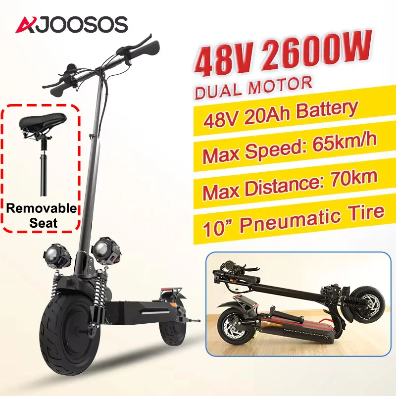 

Электрический самокат для взрослых, 65 км/ч, с двойным сиденьем, 2600 Вт, дальность действия до 70 км, 10-дюймовые уличные шины, складной самокат