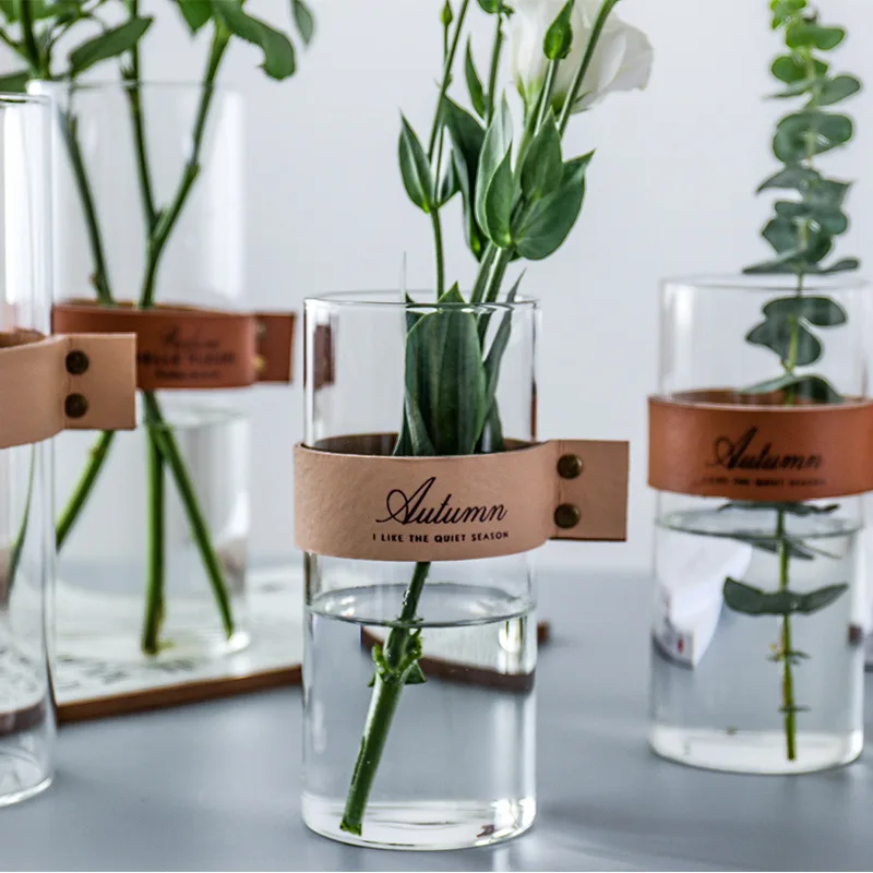 

CuteLife Nordic Transparent Glass Flower Vase Living Room Coffee Table Vase Leather Home Decoration Water Hydroponics Plant Vase
