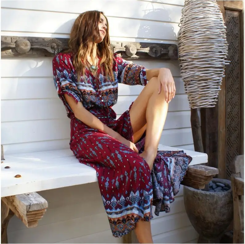 Autumn Bohemian Beach Women\'s Long Dress Party Sexy V-neck Three-quarter Sleeve Shirt Long Dress Retro Print Elegant Vestidos