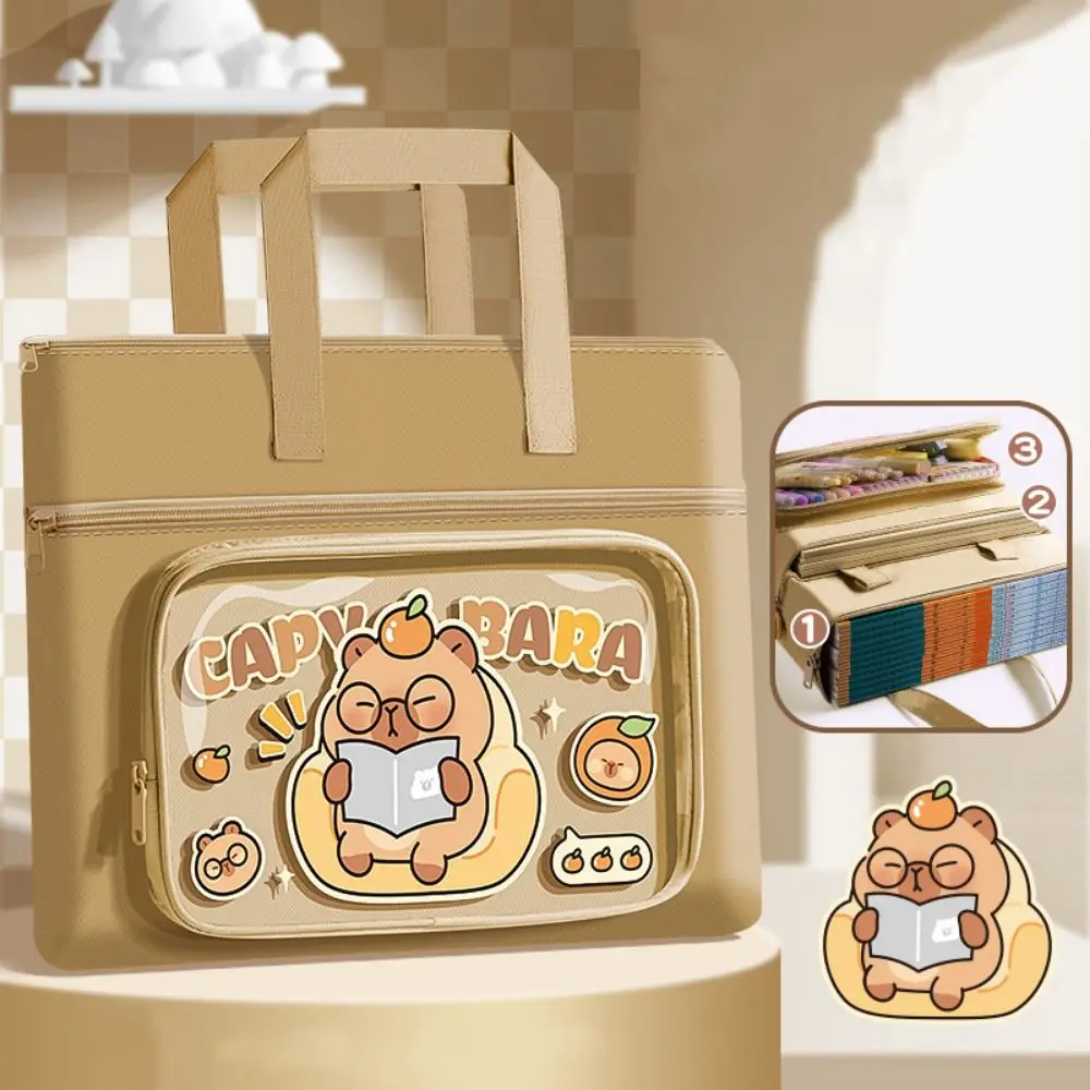 

Kawaii Capybara Tote School Bag Cartoon Canvas Multi-layer File Organizer Portable Large Capacity a4 File Bag Back To School
