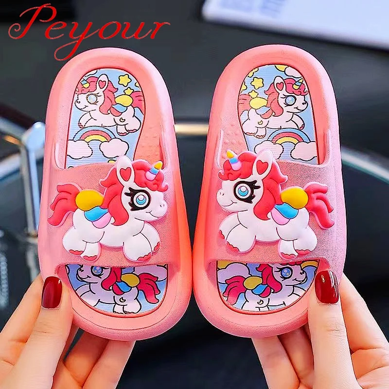 Trendy Cute Cartoon Unicorn Open Toe Slippers For Girls, Lightweight Wear-resistant Quick Drying Slippers For Indoor Home Bathro