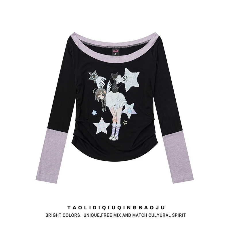 Spring Y2K Slim Fit Short Sleeve Women's T-shirt Shoulder Bared Long Sleeve Print Casual Style Loose Type Creative Pattern
