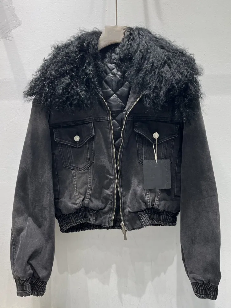 Vrouwen Vintage Denim Jas Nepbontkraag Herfst Winter Gewatteerde Voering Korte Jas High Street Vrouwelijke Loose Fit Casual Bovenkleding