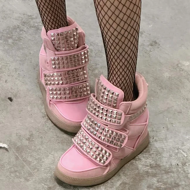 Pink Studded Buckled Leather Wedges Ankle Boots Women's Black Cool punk High Heels Booties Soft Causal Dress Party Shoes