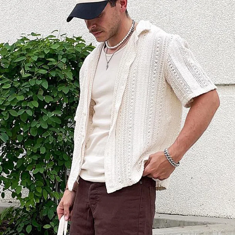 Summer Mens Knitted Shirts Beach Casual Solid Color Short-sleeved Tops Fashionable Hollow Out Knit Cardigan Male Knitting Shirt