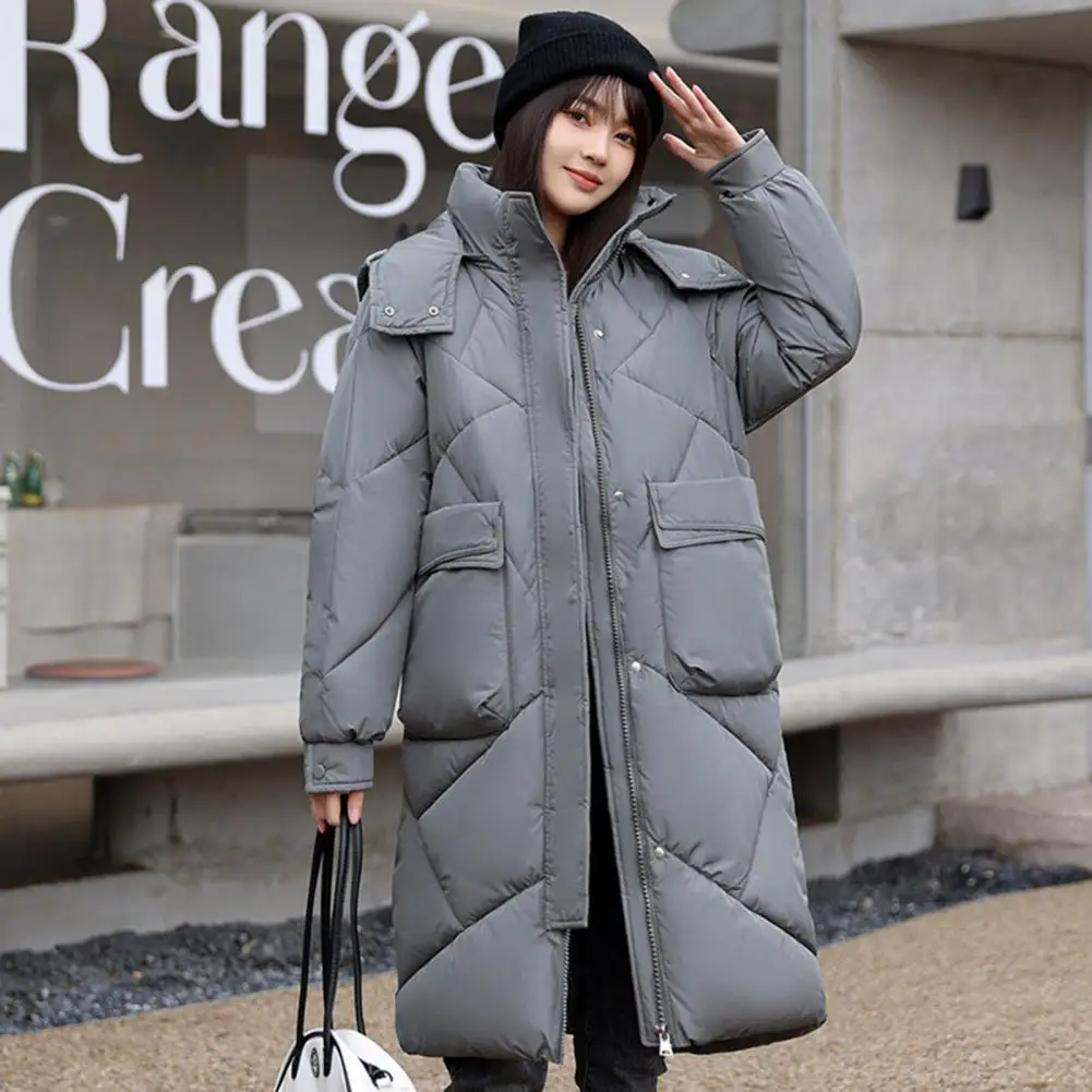 Winter Down Coat Thickened Padded Hooded Stand Collar Parka Windproof Heat Retention Daily Cold Weather Outwear Cotton Jacket 50