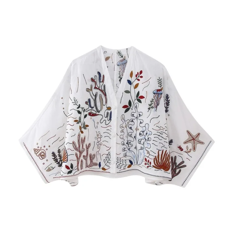 Korobov Vintage Floral Embroidery Bat Sleeve Short Shirt Women's Clothing Pastoral Resort Style V-Neck Single Breasted Loose Top