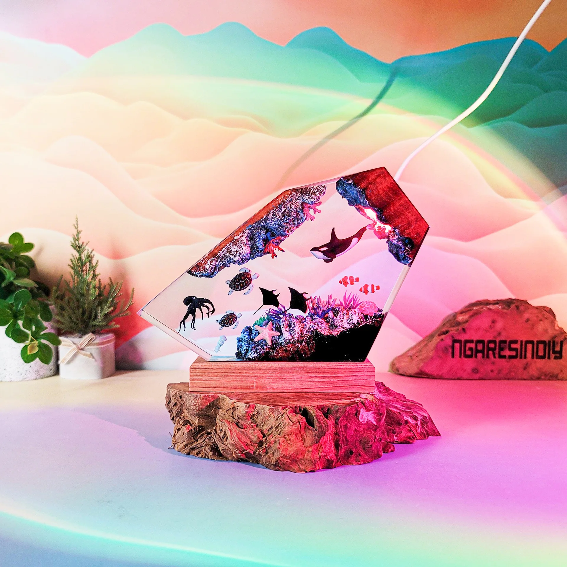 Oceaan Organismen Hars Lamp Zeeleven Tafellamp Creatieve Kunst Decoratie Kleuren Lamp Zeebodem Landschap Nachtlampje USB Charge