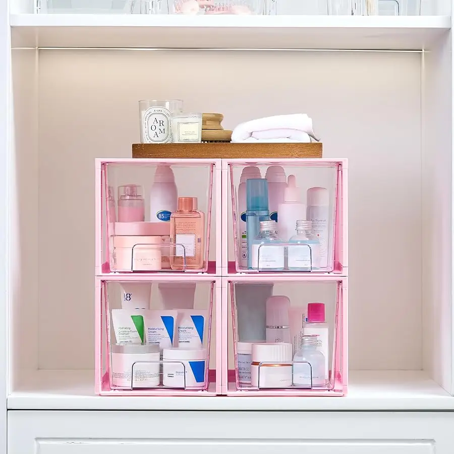 

4 Pack Large Stackable Storage Drawers,Pink,Easily Assemble Acrylic Bathroom Closet Undersink Organizers and Storage,Plastic Bin