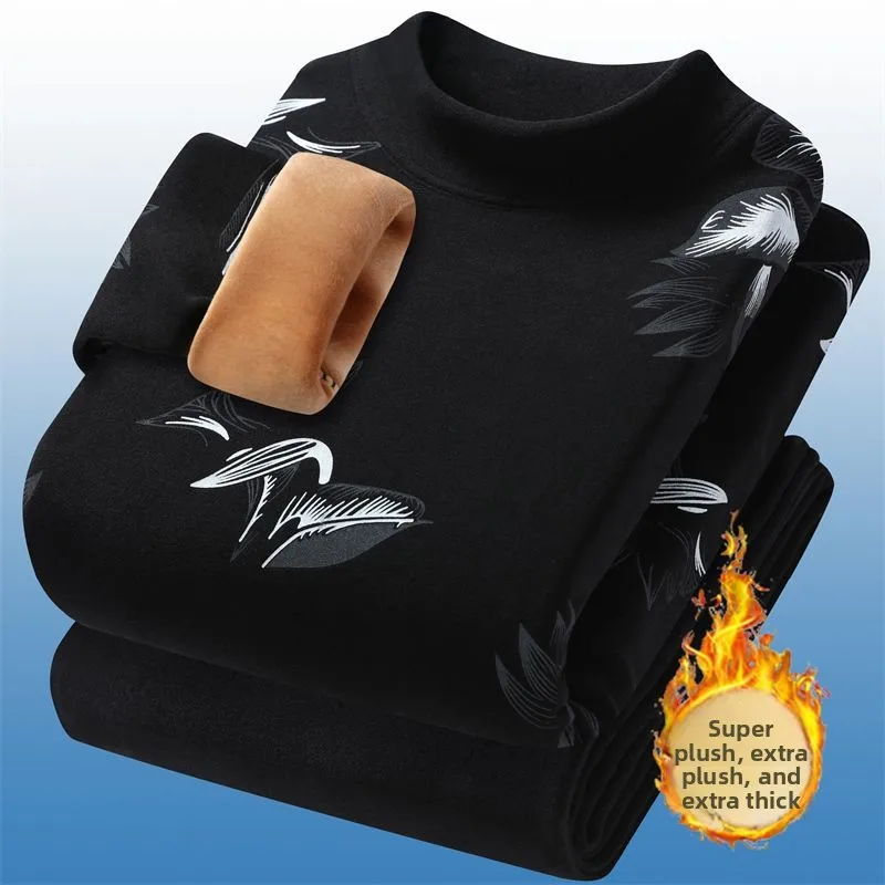 남성용 보온 내의 플리스 두꺼운 세트 겨울 중간 높이 목 독일산 플리스 청소년용 롱존스 바텀 코튼 스웨터