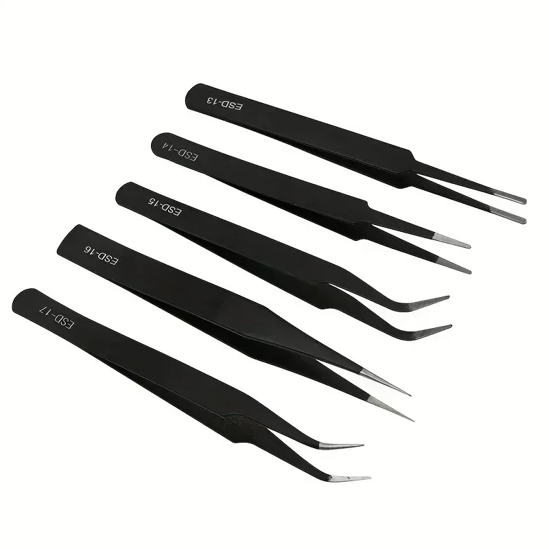 6-Piece Precision ESD Anti-Static Tweezers Set - Stainless Steel Electronic Repair Tools for PCB, Craft Modeling & Bending