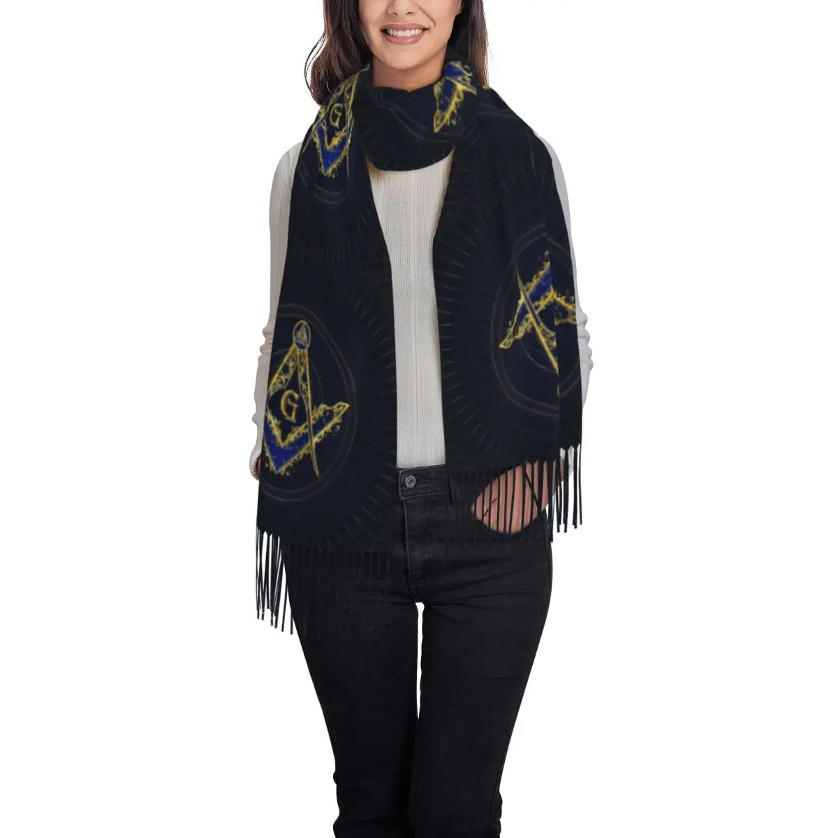 Freemasonry Masonic Mason Square And Compasses Scarf Tassel Scarves Women Soft Warm Shawls and Wraps Long Fall Winter Shawl Wrap