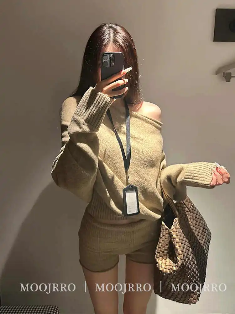 Fall Winter Women Korean Shoujo Girl Knit Outfits 2 Piece Set Long Sleeve Off Shoulder Sweater + Coquette Shorts Hot Pants Gyaru