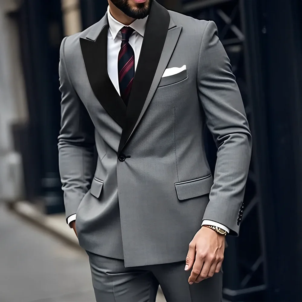 

Elegant Men Suits Grey Slim Fit Single Breasted Flat Front 2 Pieces Jacket Pants Sets High Quality Wedding Male Clothing