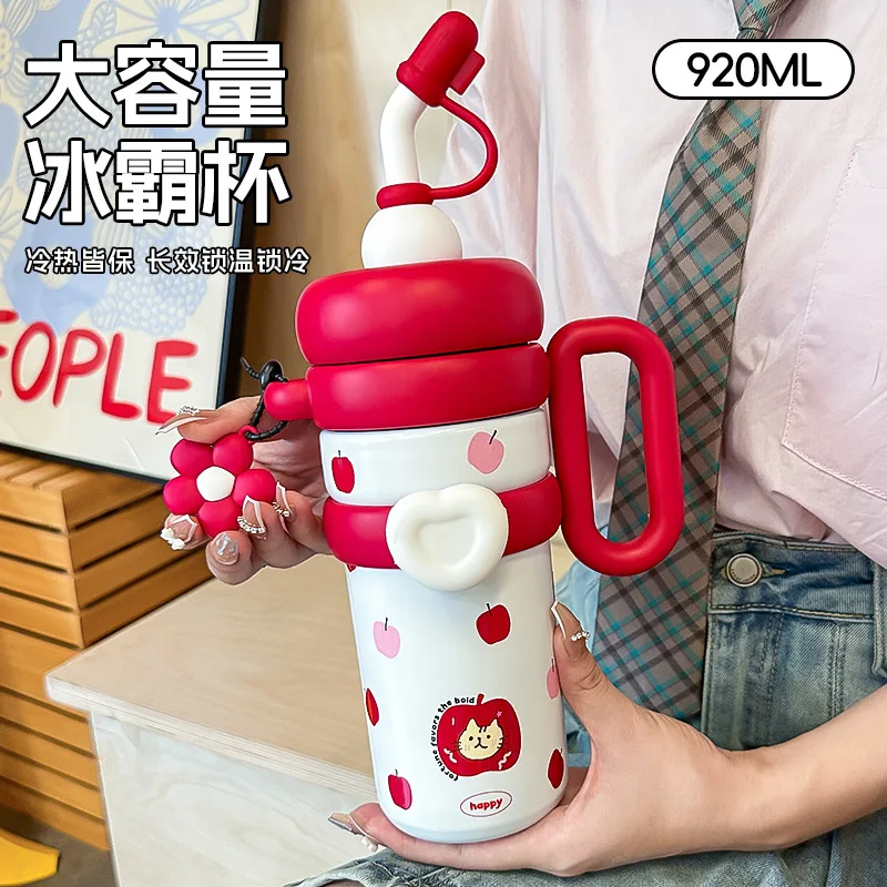 2024 New Cute Large Capacity 316 Insulation Cup Office Drinking Straw Mug 920ML Outdoor Portable Insulation Cup with Straw 1.7Ib