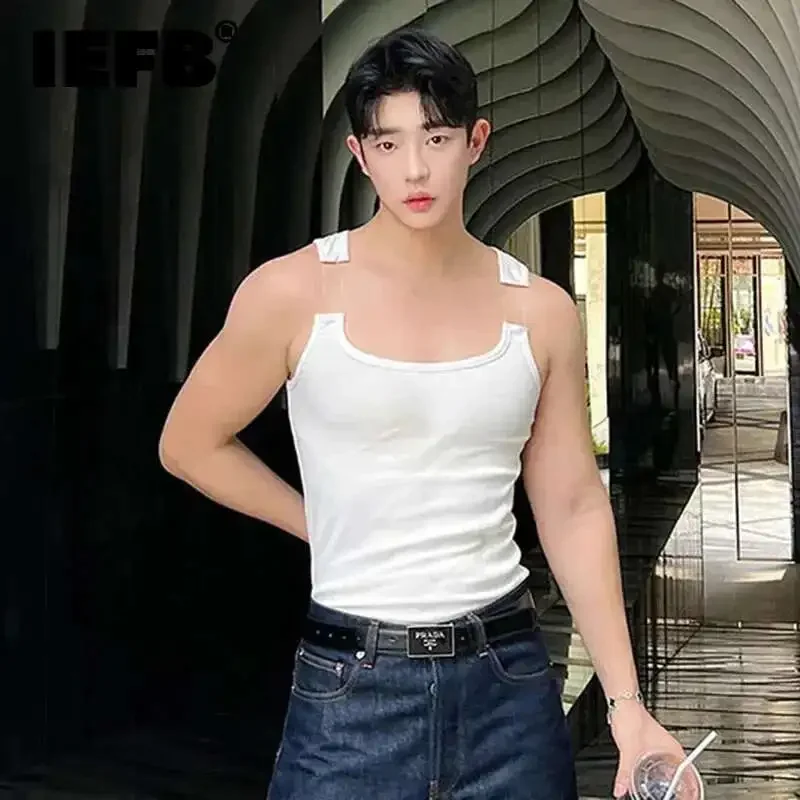 New Fashion Male Vest Patchwork Personality Sleeveless Top Men's Solid Color Slim T-shirt Spring Trendy