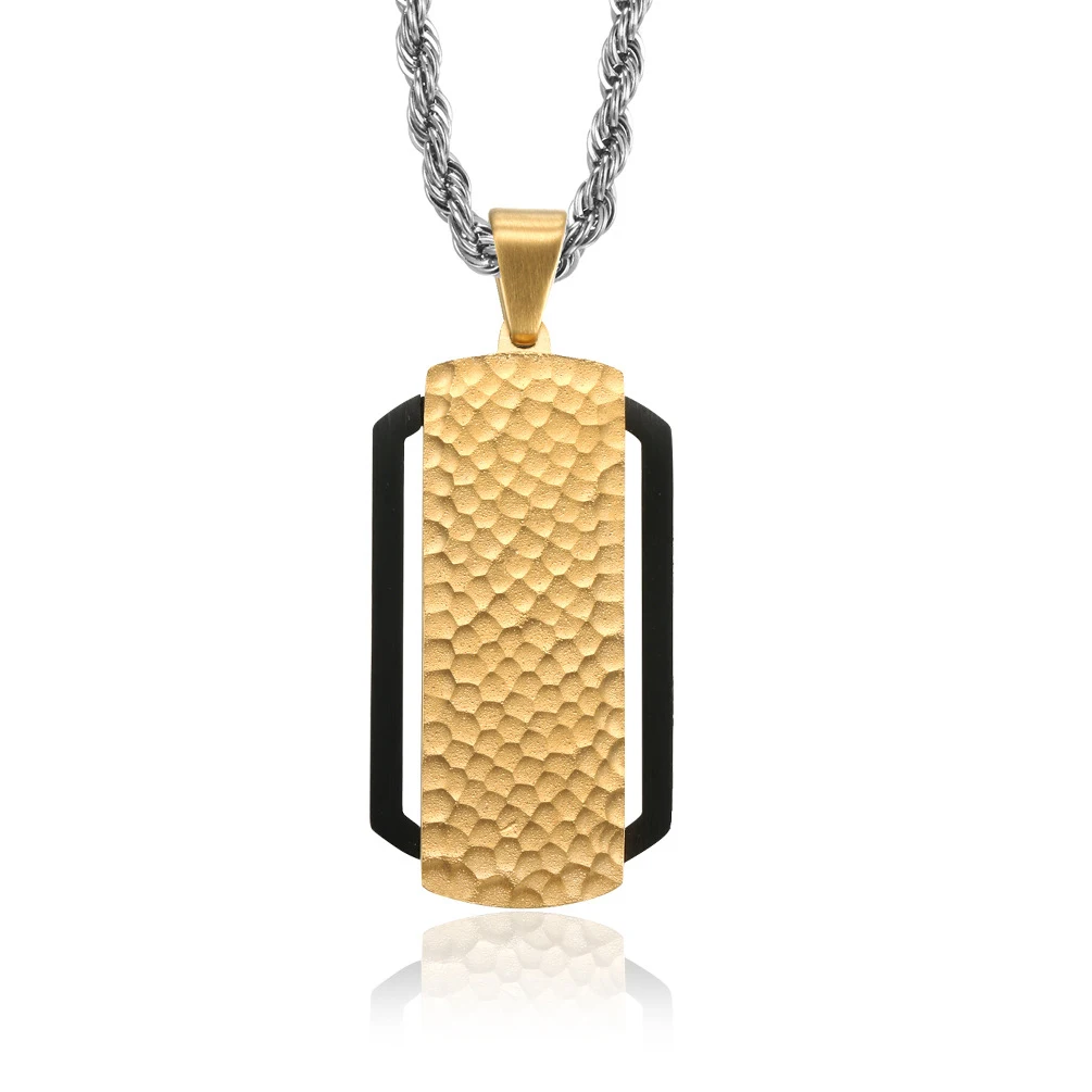 Men's Fashion Stainless Steel Hammer Pattern Gold Black Dual Color Electroplated Water Ripple Pendant Necklace