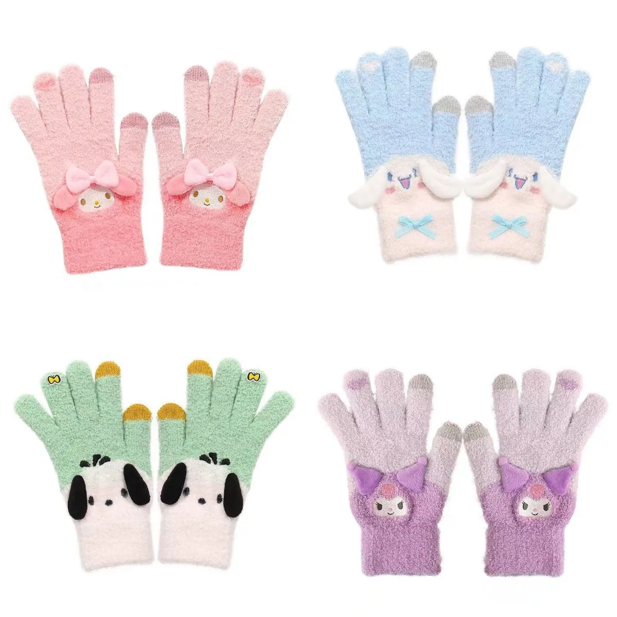 Kawaii Sanrio Plush Gloves Hellokitty Kuromi Mymelody Pochacco Cartoon Five Finger Gloves Autumn Winter Knitted Warm Gloves