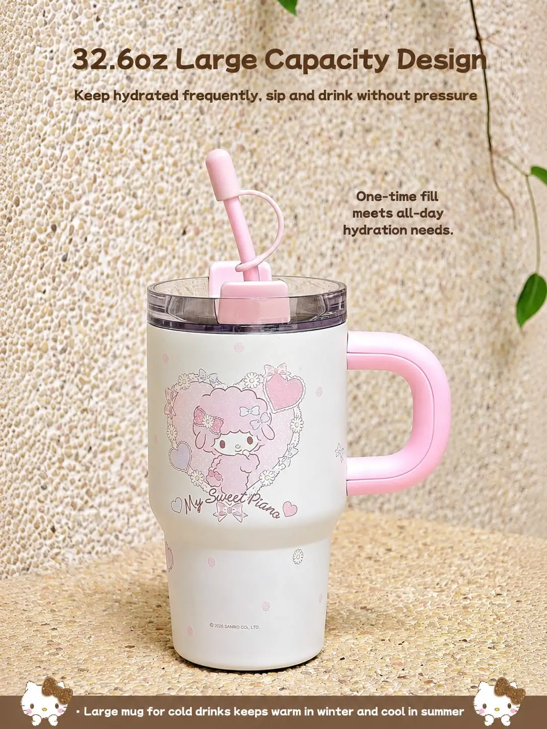 Sanrio 830ml Insulated Tumbler Large Capacity Stainless Steel with Straw Handle Hot Cold Travel Mug Hello Kitty Cinnamoroll Gift