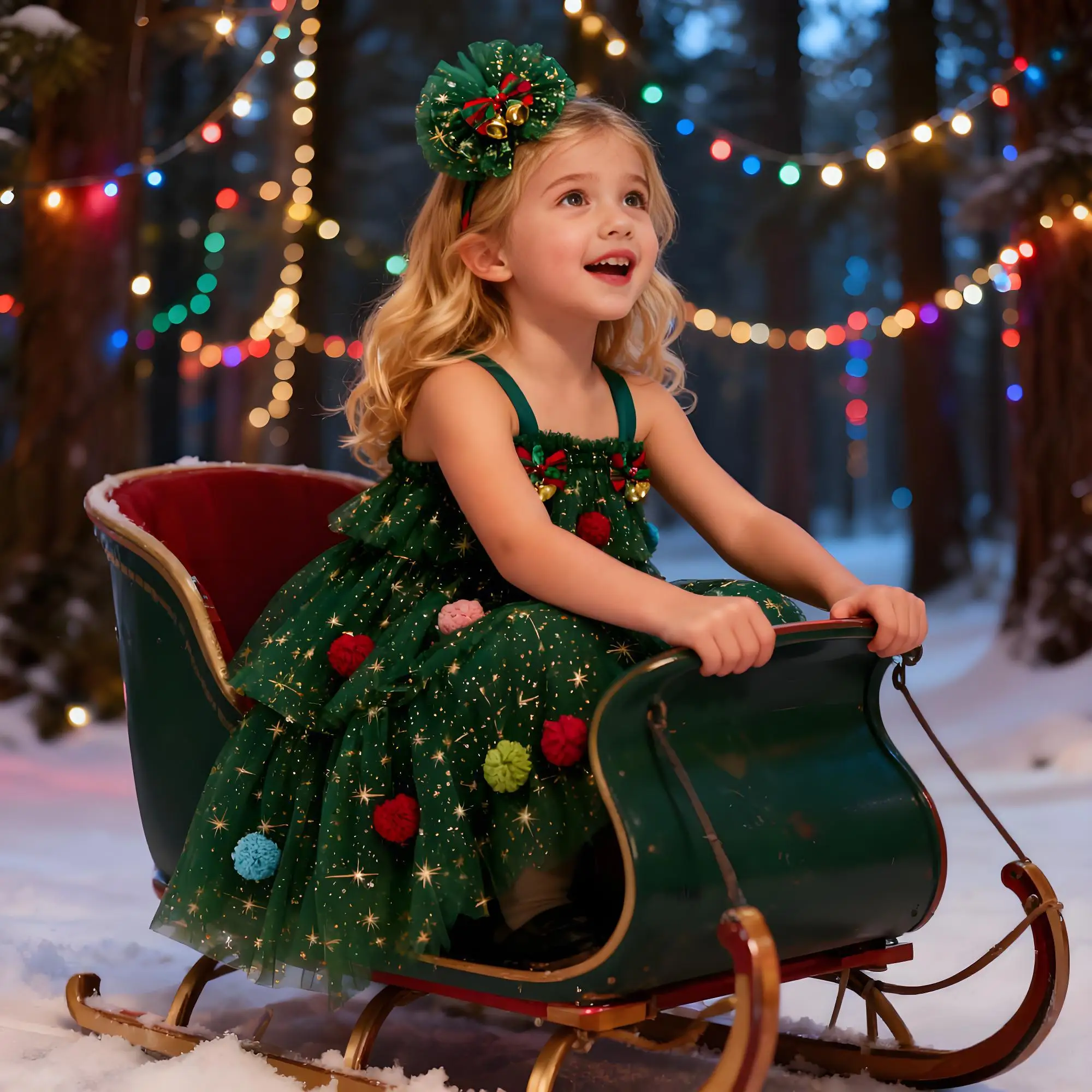 2026 السنة الجديدة فتاة صغيرة فستان عيد الميلاد الأخضر ستار طباعة ساحة الرقبة بلا أكمام الطبقات تول فستان مع القوس جرس مشبك شعر #3