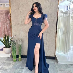 Gorgeous Satin Evening Dresses Pretty Sexy Backless Mermaid Off Shoulder Short Sleeved High Slit Simple Mopping Prom Party Gowns