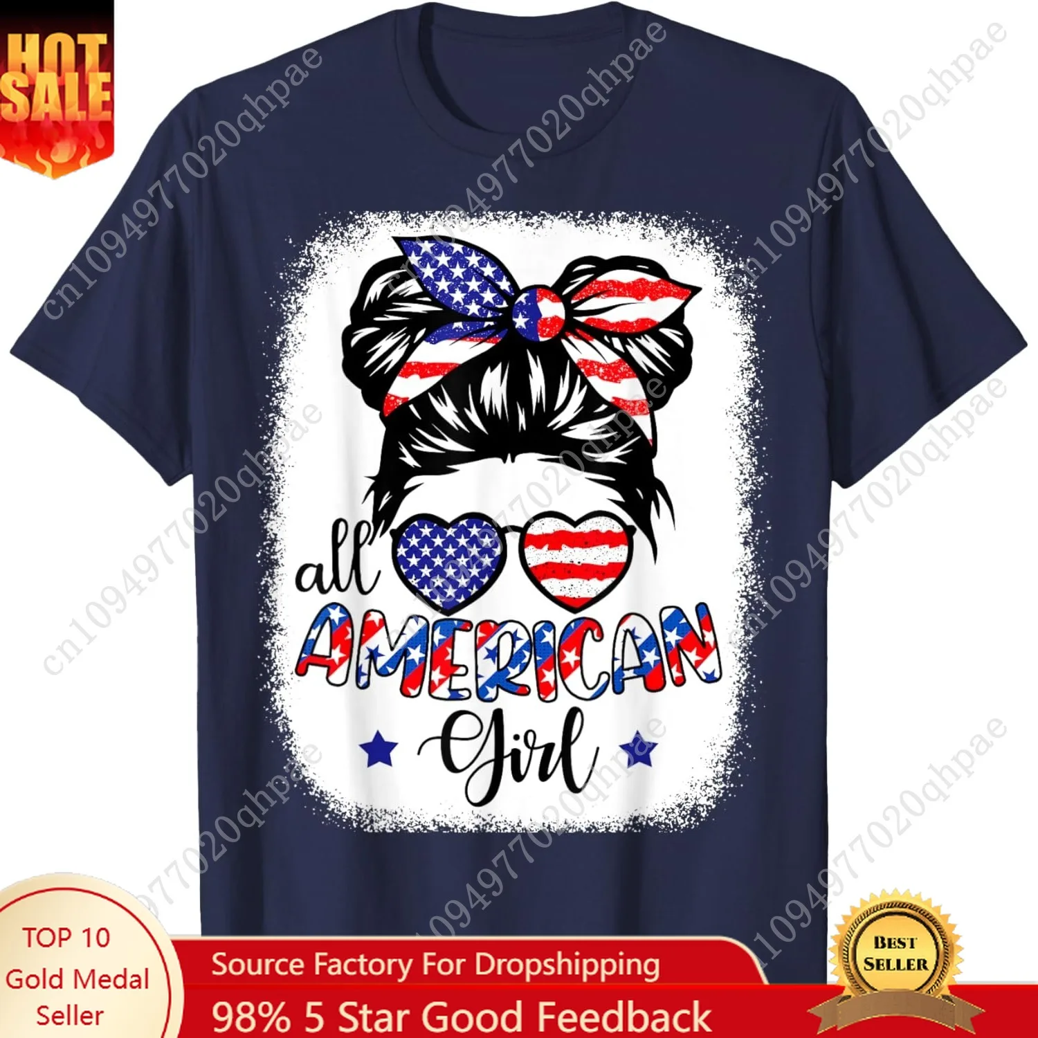 เสื้อทีมอเมริกันเกิร์ลลายธงชาติสหรัฐอเมริกา วันที่ 4 กรกฎาคม เสื้อยืดลายรักชาติสำหรับผู้หญิงและเด็ก
