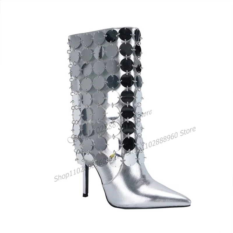 

Metallic Mid Calf Silver Paillette Decor Boots Thin High Heel Women Shoes Slip-On Pointed Toe 2023 Fashion Zapatos Para Mujere