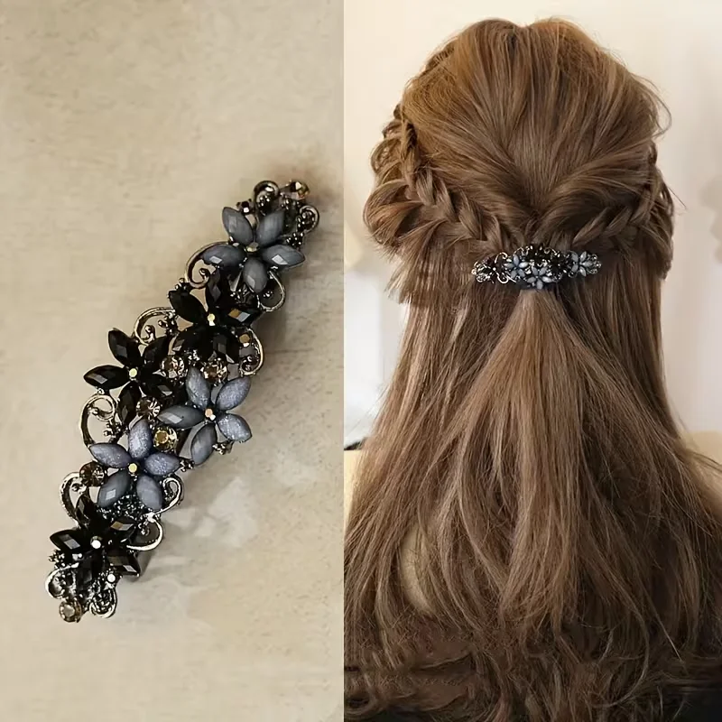 Vintage Elegante Federklemme, Haarspange aus Legierung, Strass-Pferdeschwanzklemme – Detail 1