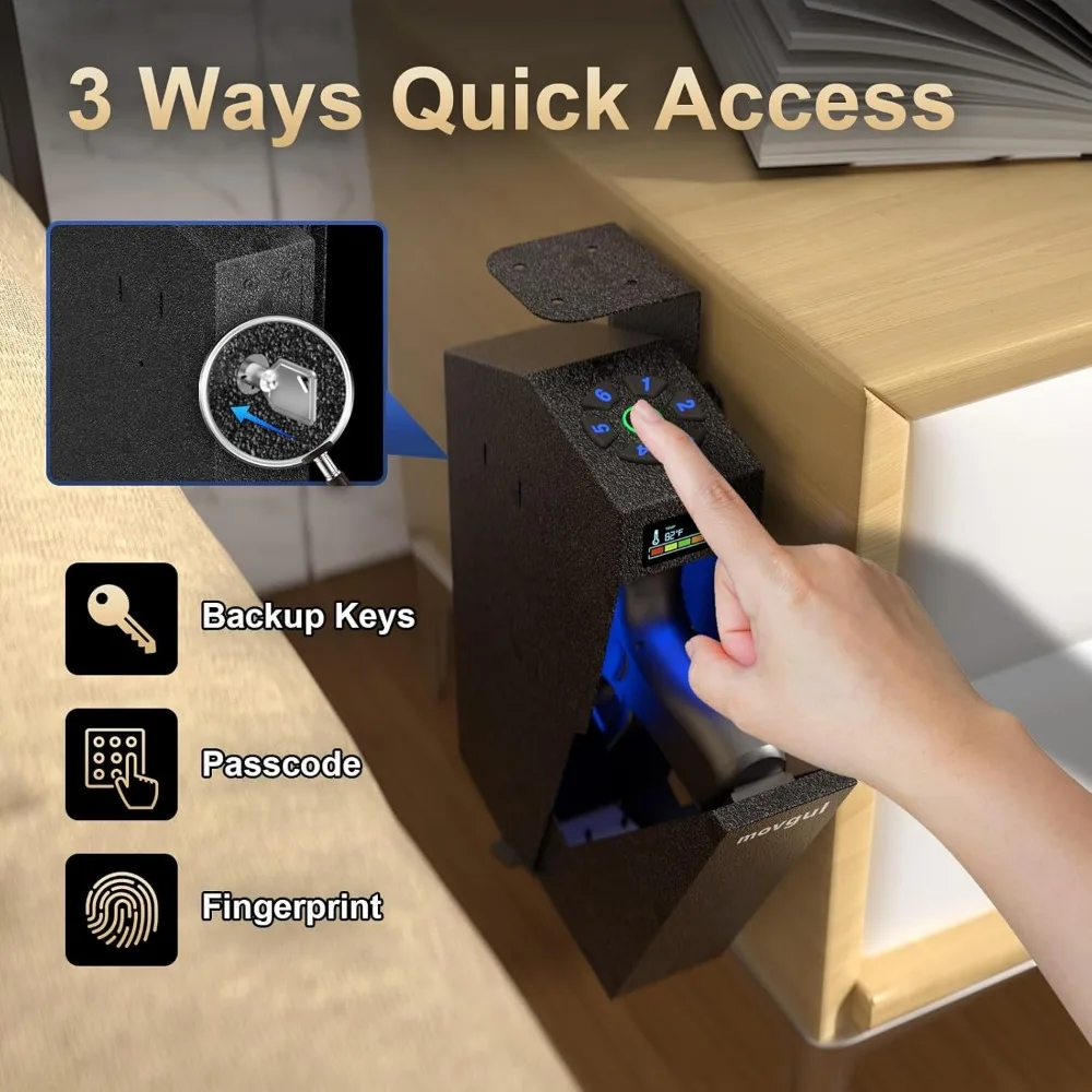 Gun Safe, Biometric Drop Down Bedside Gun Safe Quick Access Handgun Safe Mount Pistol Safe for Desk, Car, Nightstand