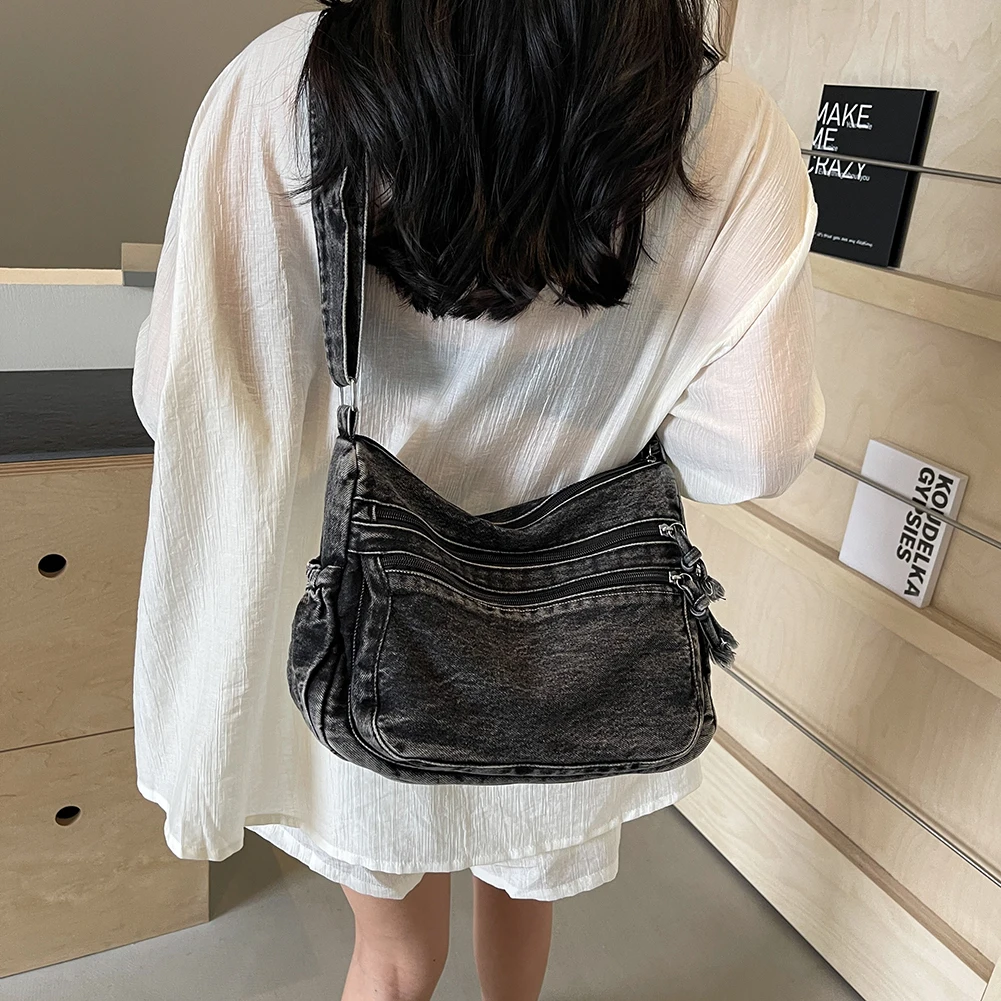 Vintage Denim Shoulder Bag Women\'s Large Capacity Messenger Bag Multi-pockets Satchel Bags Adjustable Strap Ladies Crossbody Bag