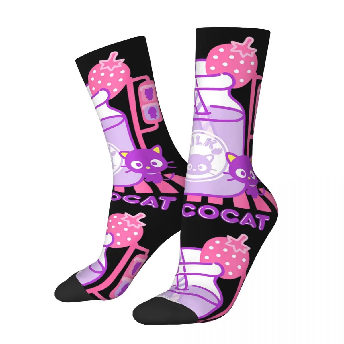 Fashion Chococat Strawberry Milk Skateboard Socks Polyester Crew Socks for Women Men Breathable