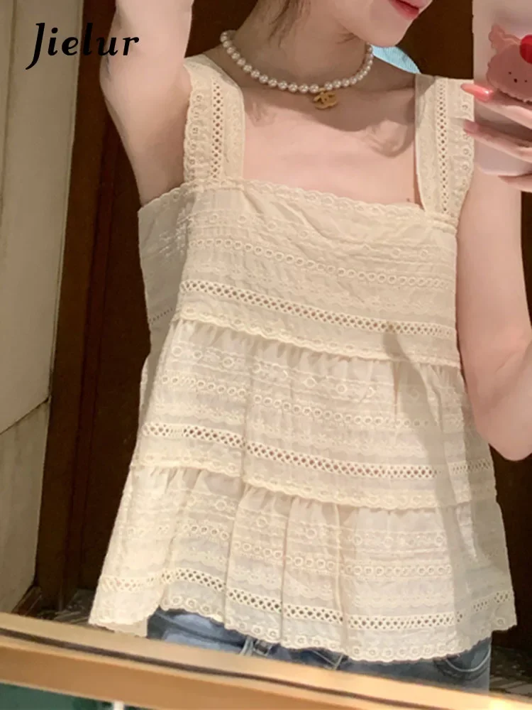 Jielur Summer New Solid Color Slim Women\'s Tank Sweet Lace Embroidery Tank Woman White Apricot Simple Chicly Tank Top Female