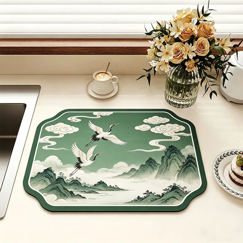 VIKAMA chinese crane mountain landscape quick dry kitchen mat oriental green ink art kitchen countertop absorbent non slip pad