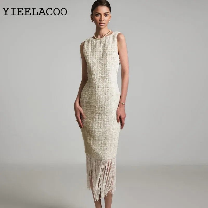 

Бежевое клетчатое твидовое платье без рукавов 2026, весенне-осеннее женское платье, цельное женское классическое платье для отдыха и отпуска