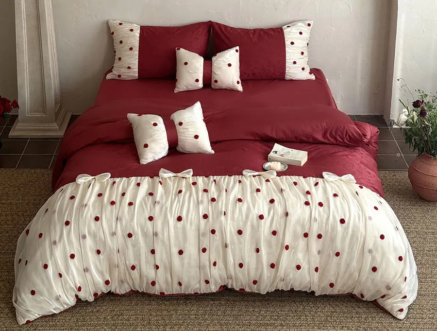 Cute sweet flower polka dot bedding set girl,full queen king lolita red cotton home textile flat sheet pillow case quilt cover