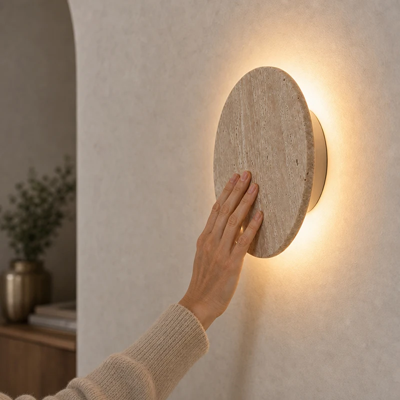 Wabi Sabi Natural Travertine LED Wall Sconce Dia 15/20/25cm Round Yellow Stone Wall Lamp Minimalist Bedside Light Living Room