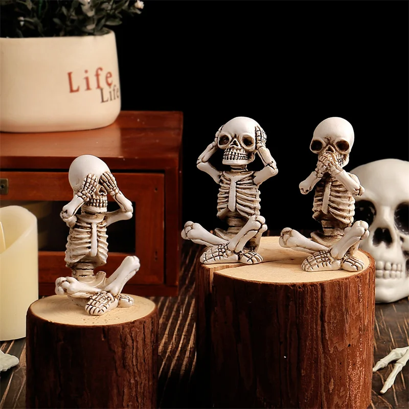 Skeletons Statue Hear See Speak No Halloween Figurines Home Decorative, Set Of Three