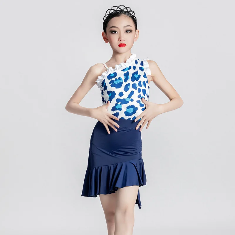 THEEPER Latin Dance Costume Girls, 2-Piece Set Blue Leopard Print Ruffle Leotard Irregular Hem Skirt Latin Dance Dresses Kids - view 2
