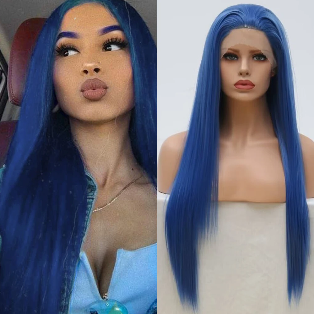 

Темно-синий синтетический парик, натуральные длинные прямые парики на сетке спереди для женщин, парик без клея, длинные прямые волосы, повседневная одежда, косплей спереди